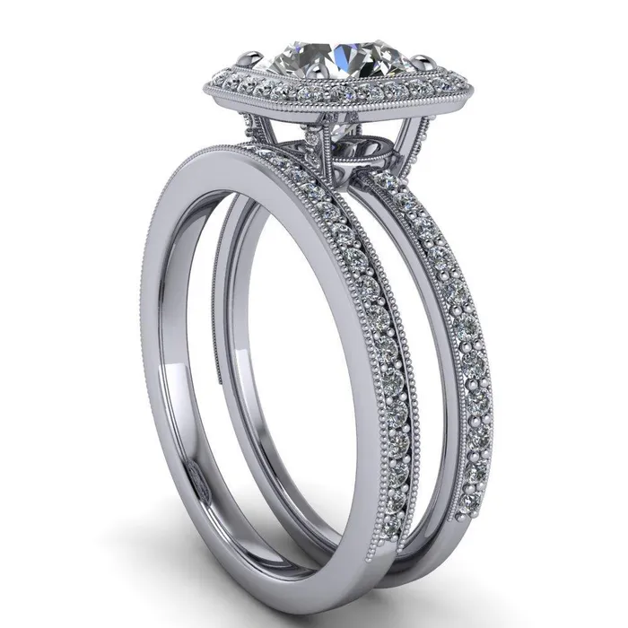 Fire Brilliance Monica Round Center Stone with Cushion Diamond Halo Milgrain Ring Rings