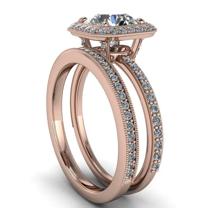 Fire Brilliance Monica Round Center Stone with Cushion Diamond Halo Milgrain Ring Rings