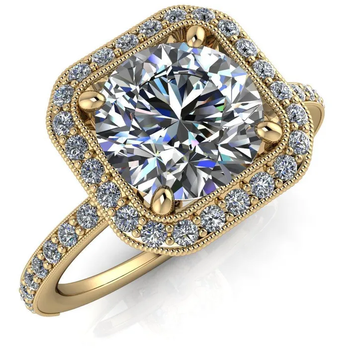 Fire Brilliance Monica Round Center Stone with Cushion Diamond Halo Milgrain Ring Rings
