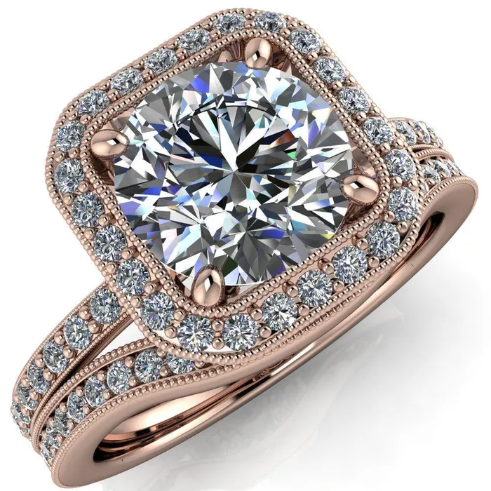 Fire Brilliance Monica Round Center Stone with Cushion Diamond Halo Milgrain Ring Rings