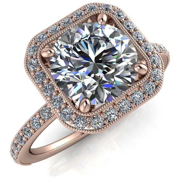 Fire Brilliance Monica Round Center Stone with Cushion Diamond Halo Milgrain Ring Rings
