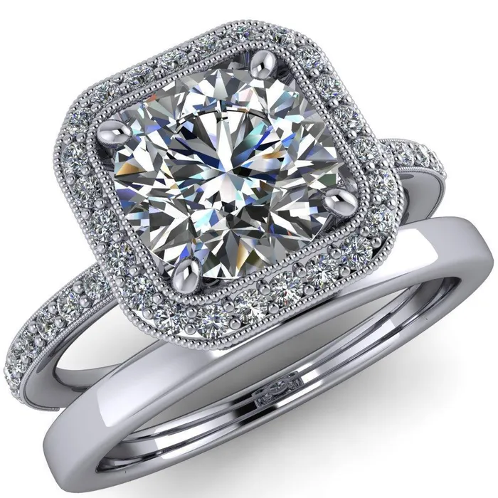 Fire Brilliance Monica Round Center Stone with Cushion Diamond Halo Milgrain Ring Rings
