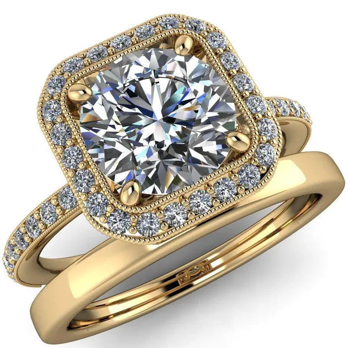 Fire Brilliance Monica Round Center Stone with Cushion Diamond Halo Milgrain Ring Rings