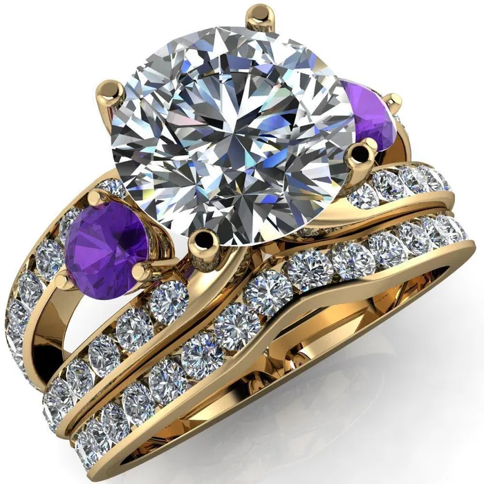 Fire Brilliance Orion Round Center Stone 2 Round Amethyst Sides Split Shank Diamond Channel Set Ring Rings Fire Brilliance Orion Round Center Stone 2 Round Amethyst Sides Split Shank Diamond Channel Set Ring Rings