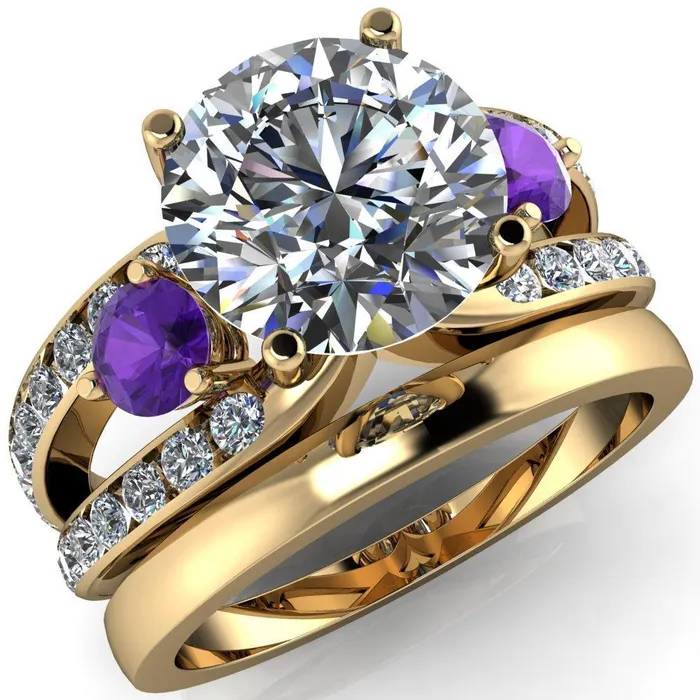 Fire Brilliance Orion Round Center Stone 2 Round Amethyst Sides Split Shank Diamond Channel Set Ring Rings