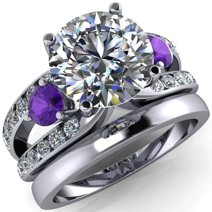 Fire Brilliance Orion Round Center Stone 2 Round Amethyst Sides Split Shank Diamond Channel Set Ring Rings