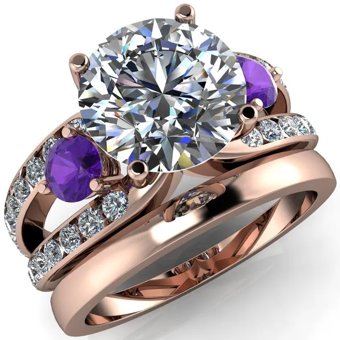 Fire Brilliance Orion Round Center Stone 2 Round Amethyst Sides Split Shank Diamond Channel Set Ring Rings