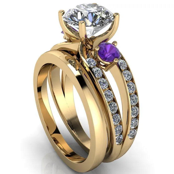 Fire Brilliance Orion Round Center Stone 2 Round Amethyst Sides Split Shank Diamond Channel Set Ring Rings