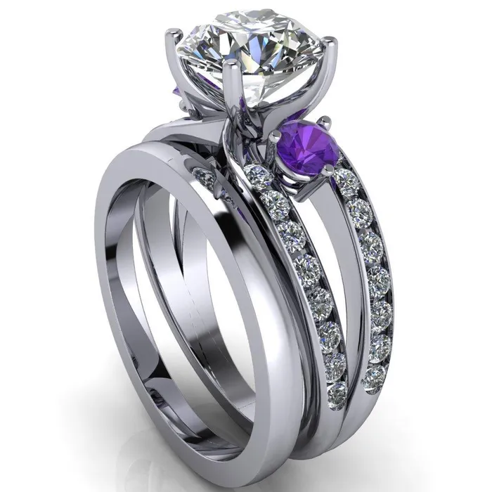 Fire Brilliance Orion Round Center Stone 2 Round Amethyst Sides Split Shank Diamond Channel Set Ring Rings