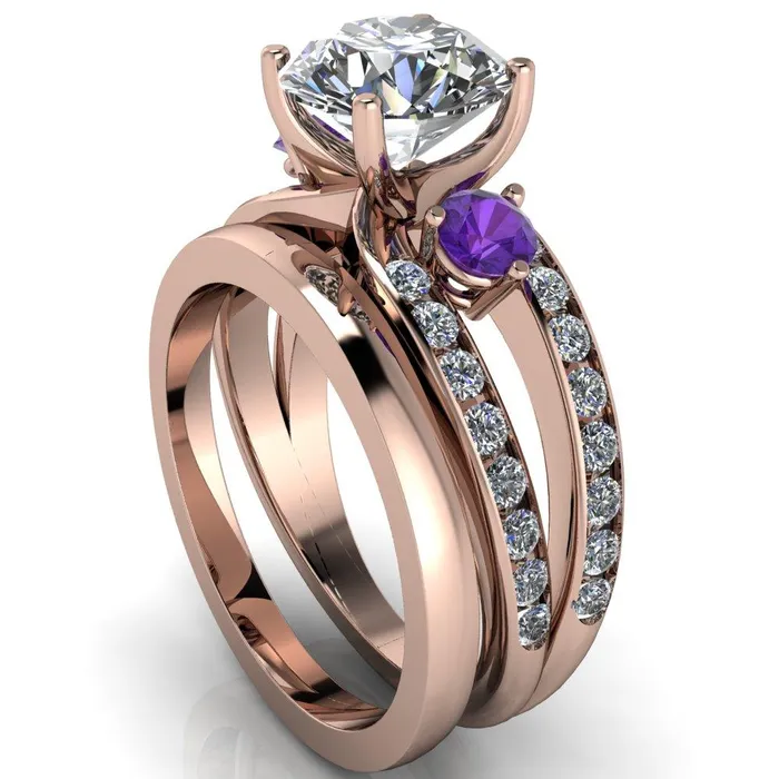 Fire Brilliance Orion Round Center Stone 2 Round Amethyst Sides Split Shank Diamond Channel Set Ring Rings