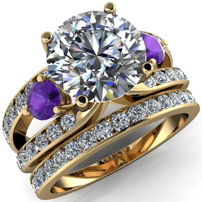 Fire Brilliance Orion Round Center Stone 2 Round Amethyst Sides Split Shank Diamond Channel Set Ring Rings