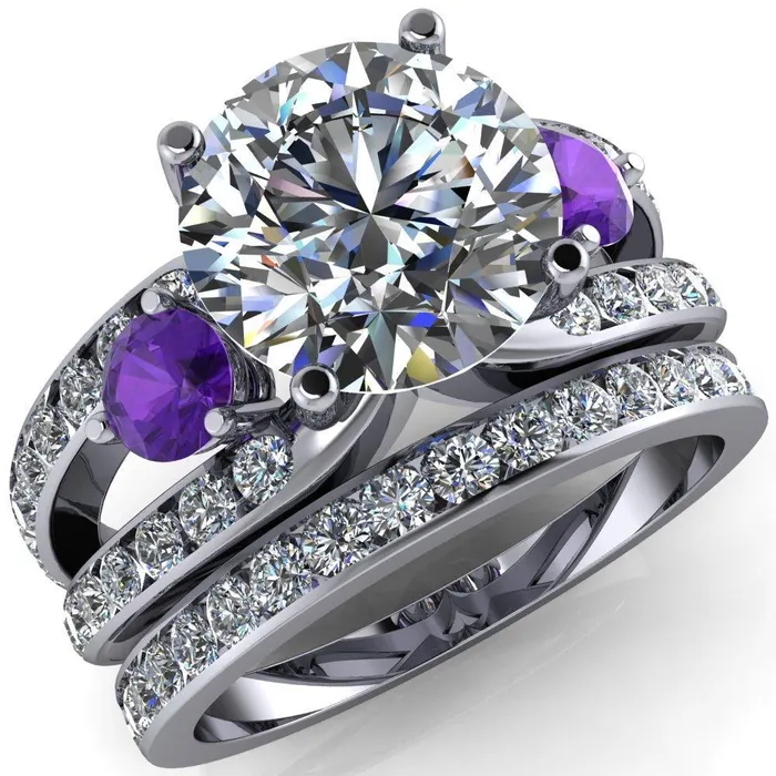 Fire Brilliance Orion Round Center Stone 2 Round Amethyst Sides Split Shank Diamond Channel Set Ring Rings