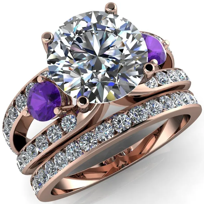 Fire Brilliance Orion Round Center Stone 2 Round Amethyst Sides Split Shank Diamond Channel Set Ring Rings