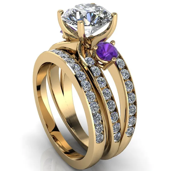 Fire Brilliance Orion Round Center Stone 2 Round Amethyst Sides Split Shank Diamond Channel Set Ring Rings
