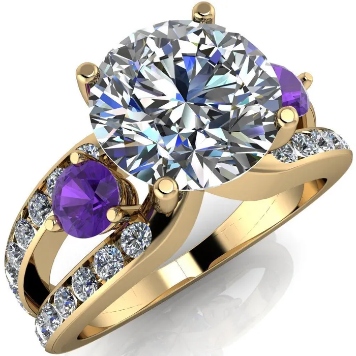 Fire Brilliance Orion Round Center Stone 2 Round Amethyst Sides Split Shank Diamond Channel Set Ring Rings