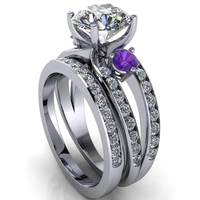 Fire Brilliance Orion Round Center Stone 2 Round Amethyst Sides Split Shank Diamond Channel Set Ring Rings