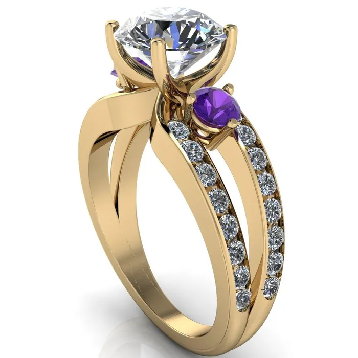 Fire Brilliance Orion Round Center Stone 2 Round Amethyst Sides Split Shank Diamond Channel Set Ring Rings
