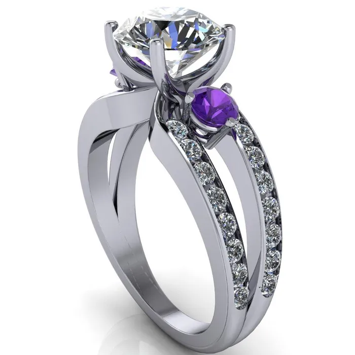Fire Brilliance Orion Round Center Stone 2 Round Amethyst Sides Split Shank Diamond Channel Set Ring Rings
