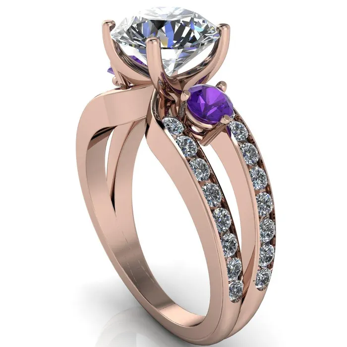 Fire Brilliance Orion Round Center Stone 2 Round Amethyst Sides Split Shank Diamond Channel Set Ring Rings