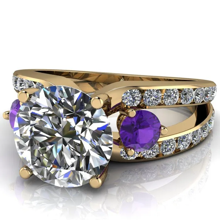 Fire Brilliance Orion Round Center Stone 2 Round Amethyst Sides Split Shank Diamond Channel Set Ring Rings