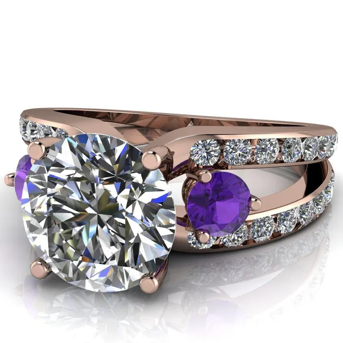 Fire Brilliance Orion Round Center Stone 2 Round Amethyst Sides Split Shank Diamond Channel Set Ring Rings