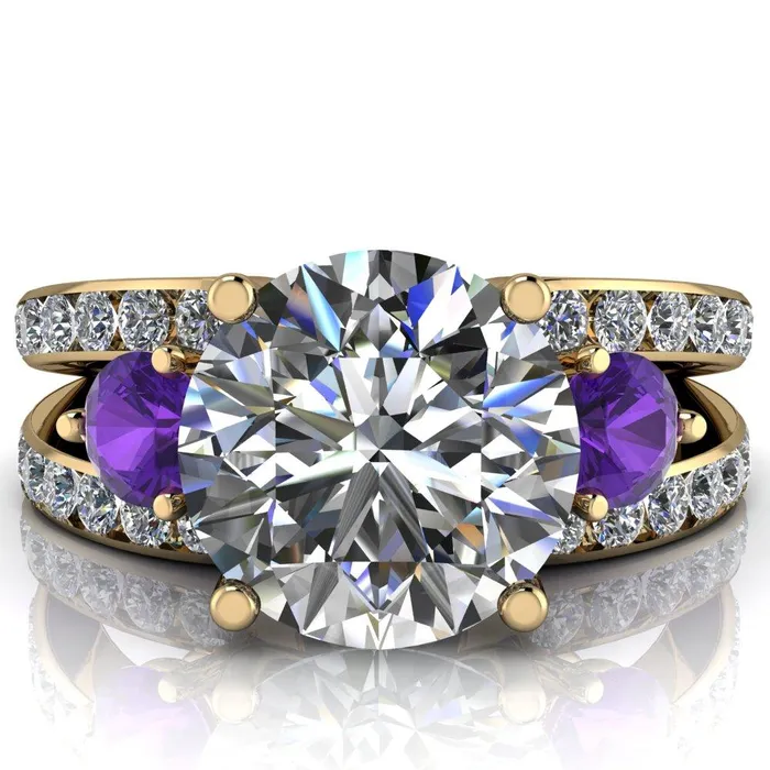 Fire Brilliance Orion Round Center Stone 2 Round Amethyst Sides Split Shank Diamond Channel Set Ring Rings