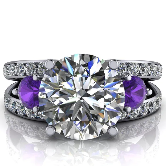Fire Brilliance Orion Round Center Stone 2 Round Amethyst Sides Split Shank Diamond Channel Set Ring Rings