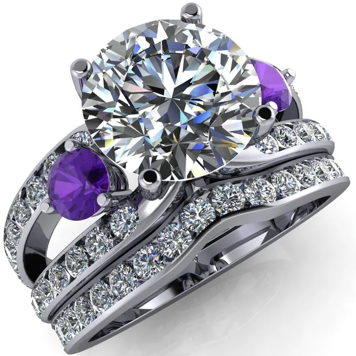 Fire Brilliance Orion Round Center Stone 2 Round Amethyst Sides Split Shank Diamond Channel Set Ring Rings