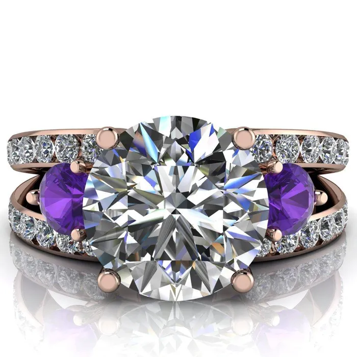 Fire Brilliance Orion Round Center Stone 2 Round Amethyst Sides Split Shank Diamond Channel Set Ring Rings