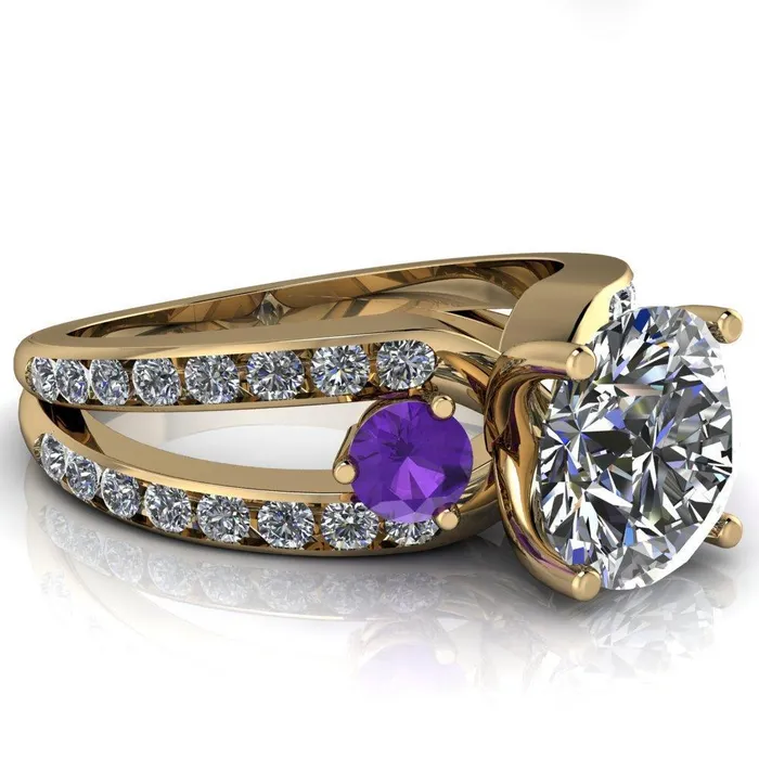 Fire Brilliance Orion Round Center Stone 2 Round Amethyst Sides Split Shank Diamond Channel Set Ring Rings