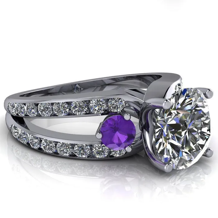 Fire Brilliance Orion Round Center Stone 2 Round Amethyst Sides Split Shank Diamond Channel Set Ring Rings