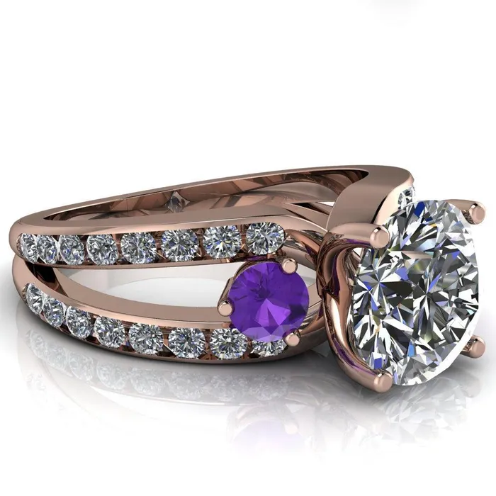 Fire Brilliance Orion Round Center Stone 2 Round Amethyst Sides Split Shank Diamond Channel Set Ring Rings
