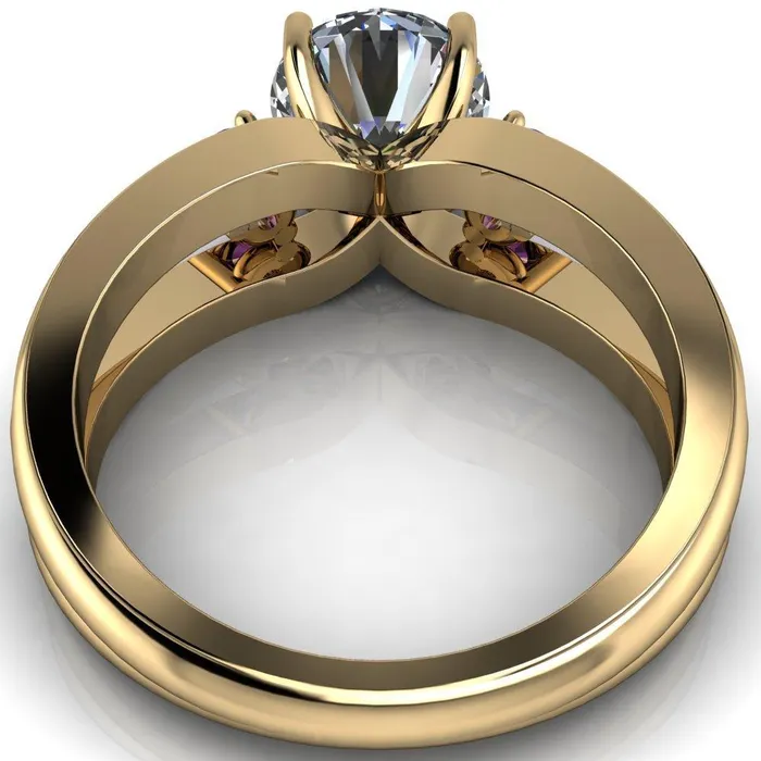 Fire Brilliance Orion Round Center Stone 2 Round Amethyst Sides Split Shank Diamond Channel Set Ring Rings