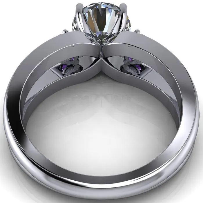 Fire Brilliance Orion Round Center Stone 2 Round Amethyst Sides Split Shank Diamond Channel Set Ring Rings