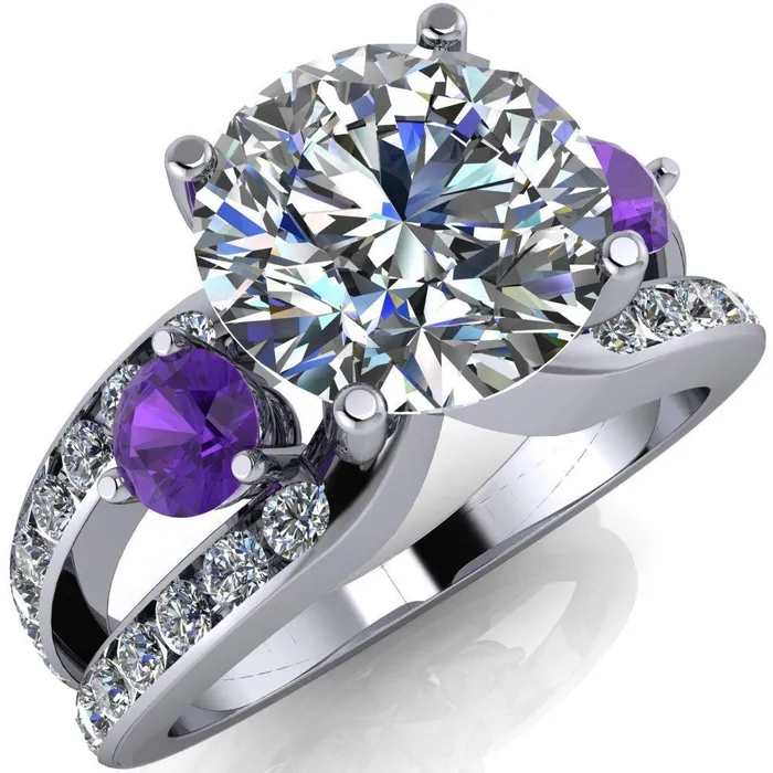 Fire Brilliance Orion Round Center Stone 2 Round Amethyst Sides Split Shank Diamond Channel Set Ring Rings