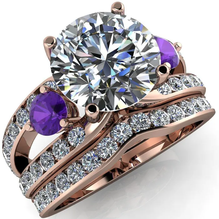 Fire Brilliance Orion Round Center Stone 2 Round Amethyst Sides Split Shank Diamond Channel Set Ring Rings