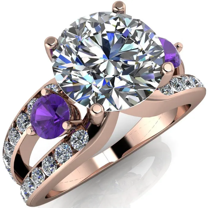 Fire Brilliance Orion Round Center Stone 2 Round Amethyst Sides Split Shank Diamond Channel Set Ring Rings