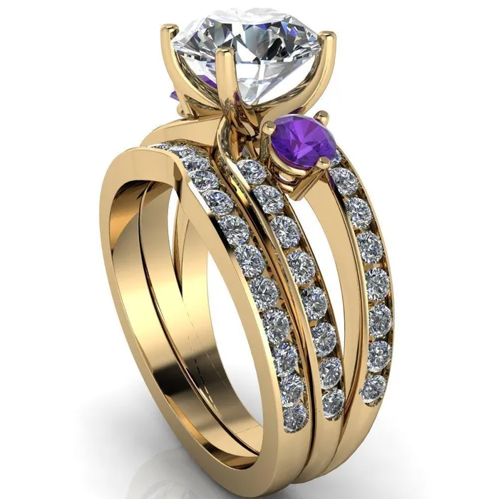 Fire Brilliance Orion Round Center Stone 2 Round Amethyst Sides Split Shank Diamond Channel Set Ring Rings