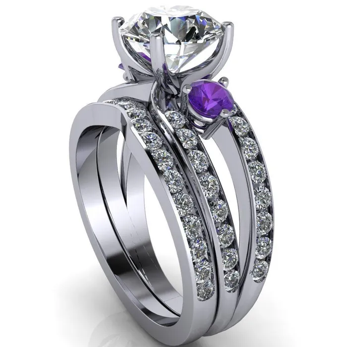Fire Brilliance Orion Round Center Stone 2 Round Amethyst Sides Split Shank Diamond Channel Set Ring Rings