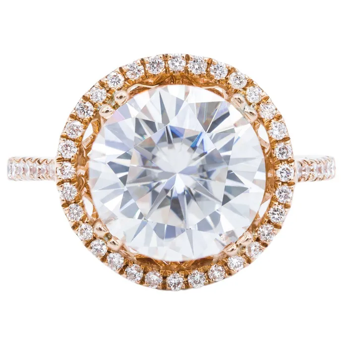 Fire Brilliance Rings 10mm Round Center 14K Rose Gold 4 Double Prongs Diamond Halo and Shank Ring Fire Brilliance Rings 10mm Round Center 14K Rose Gold 4 Double Prongs Diamond Halo and Shank Ring