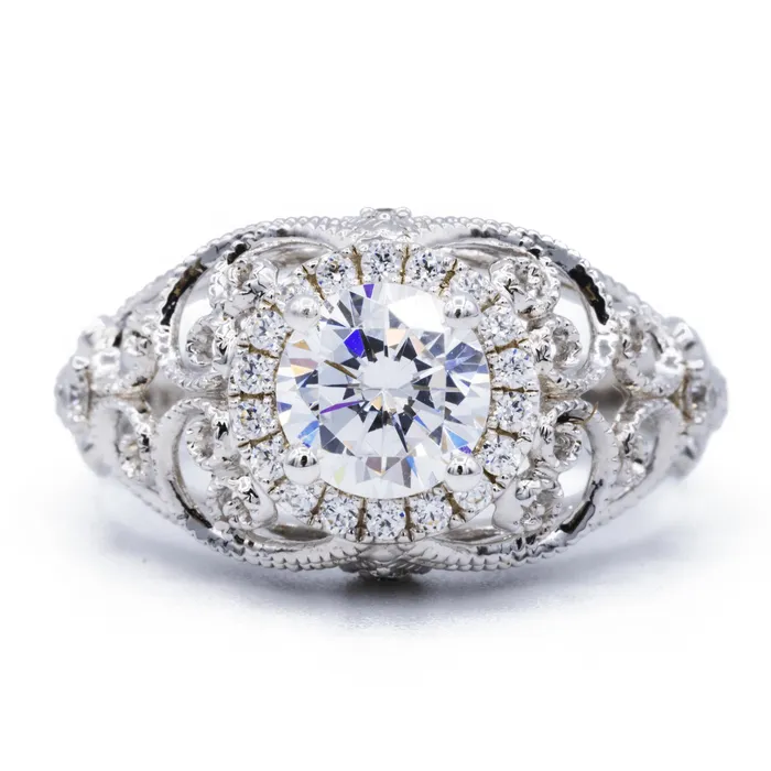 Fire Brilliance Rings 65mm Round Center 14K White Solid Gold Diamond Halo Milgrain Design Ring Fire Brilliance Rings 65mm Round Center 14K White Solid Gold Diamond Halo Milgrain Design Ring
