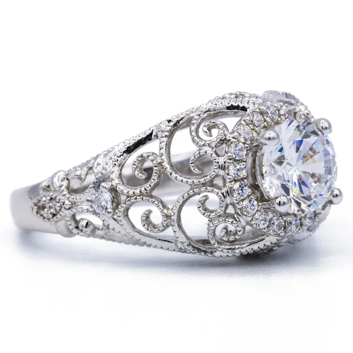Fire Brilliance Rings 65mm Round Center 14K White Solid Gold Diamond Halo Milgrain Design Ring
