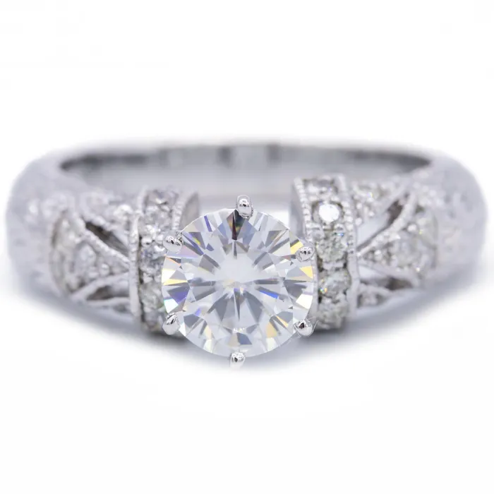 Fire Brilliance Rings 75mm Round Center 18K White Gold Natures Feathers Diamond Filigree Design Ring