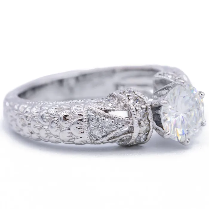 Fire Brilliance Rings 75mm Round Center 18K White Gold Natures Feathers Diamond Filigree Design Ring