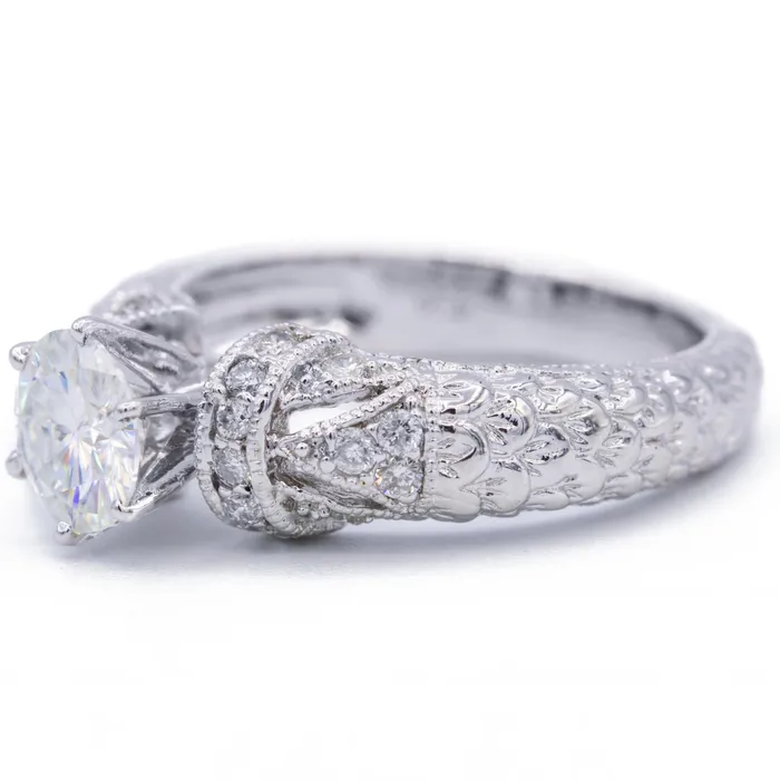 Fire Brilliance Rings 75mm Round Center 18K White Gold Natures Feathers Diamond Filigree Design Ring