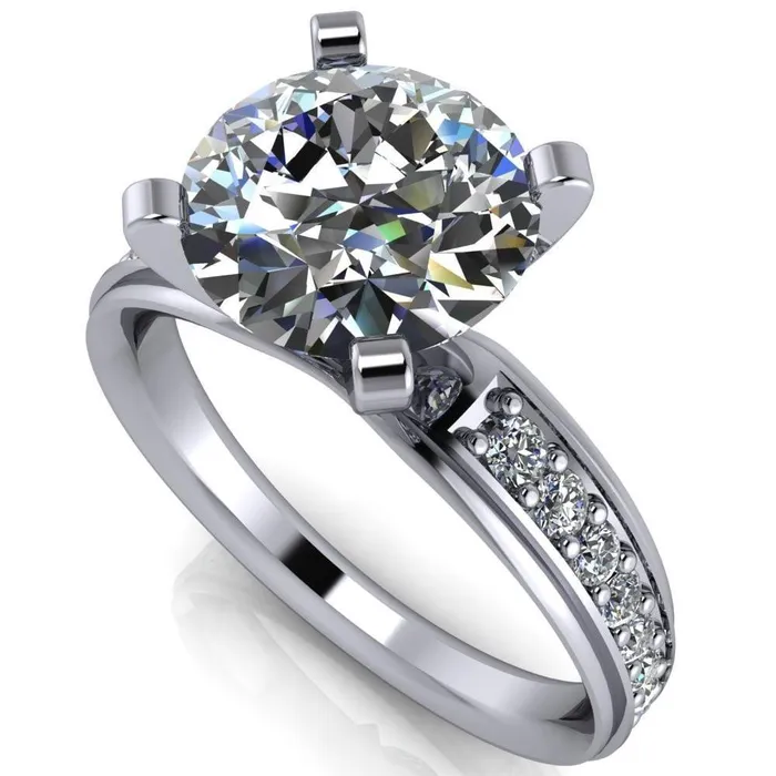 Fire Brilliance Rings Beatrix Round Center Stone Classic 4 Prong Low Etched Shank Diamond Shoulders Solitaire Ring