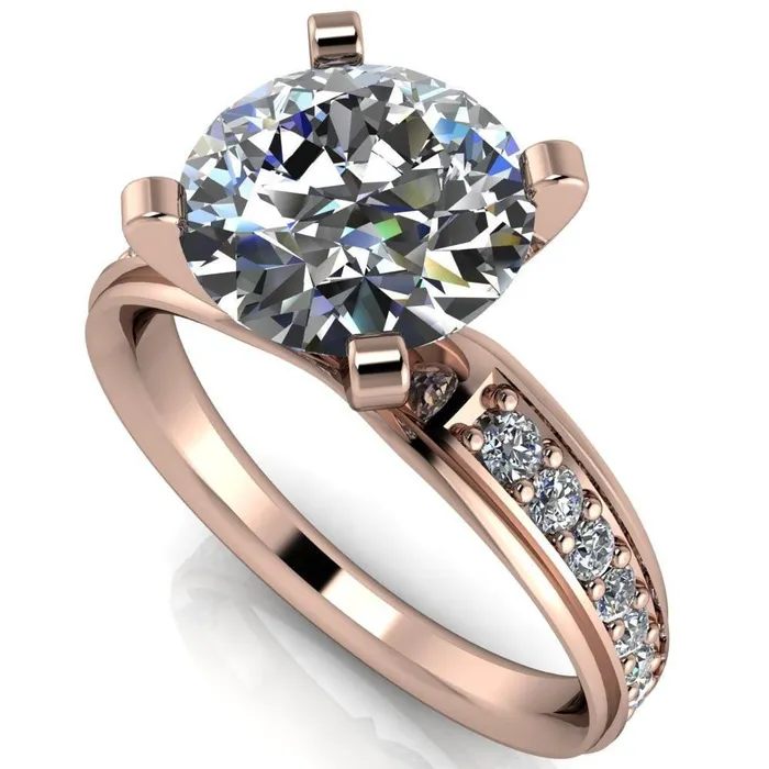 Fire Brilliance Rings Beatrix Round Center Stone Classic 4 Prong Low Etched Shank Diamond Shoulders Solitaire Ring