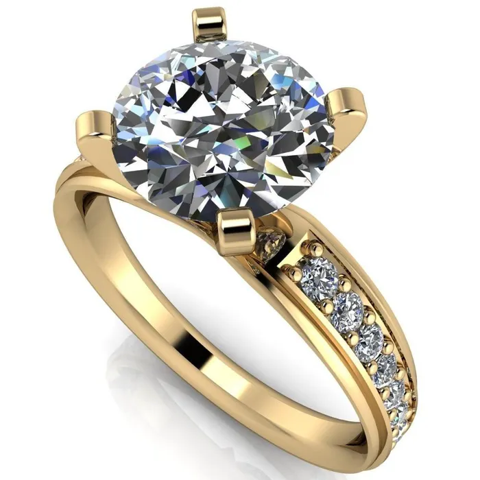 Fire Brilliance Rings Beatrix Round Center Stone Classic 4 Prong Low Etched Shank Diamond Shoulders Solitaire Ring