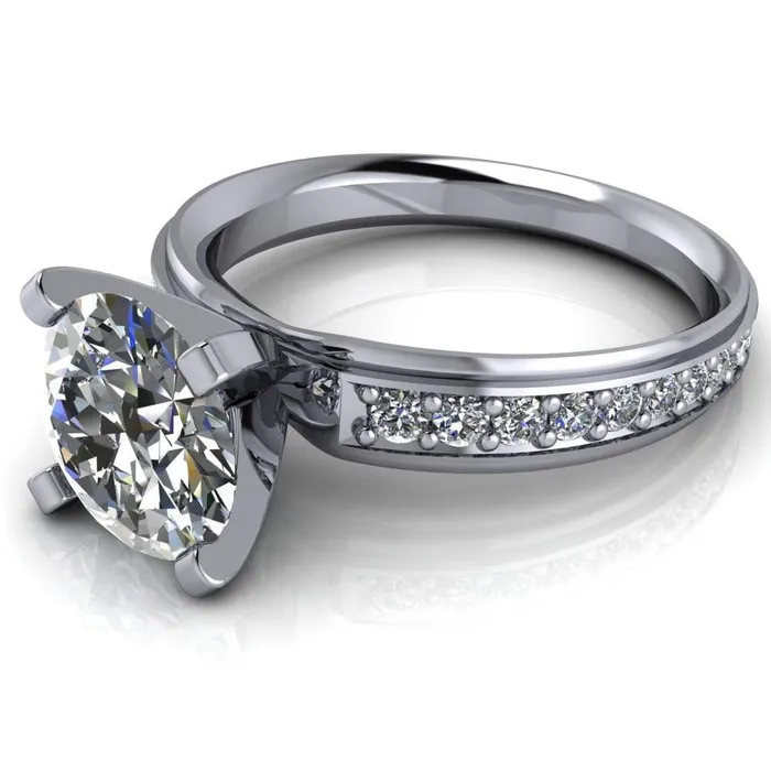 Fire Brilliance Rings Beatrix Round Center Stone Classic 4 Prong Low Etched Shank Diamond Shoulders Solitaire Ring