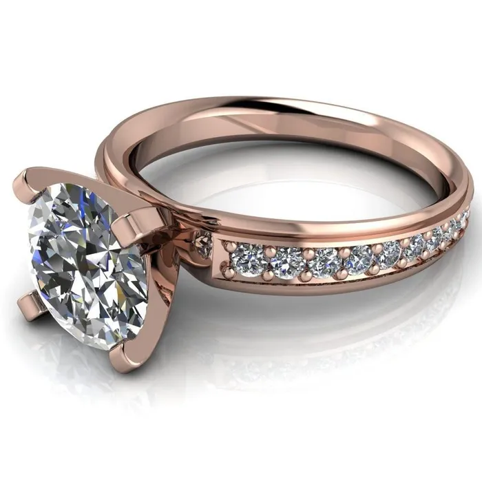 Fire Brilliance Rings Beatrix Round Center Stone Classic 4 Prong Low Etched Shank Diamond Shoulders Solitaire Ring